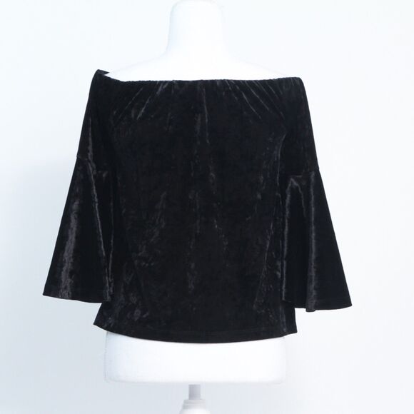 1.State Womens Velvet Off-Shoulder Black Bell Sleeve Classic Comfort Top, Small - Picture 2 of 13